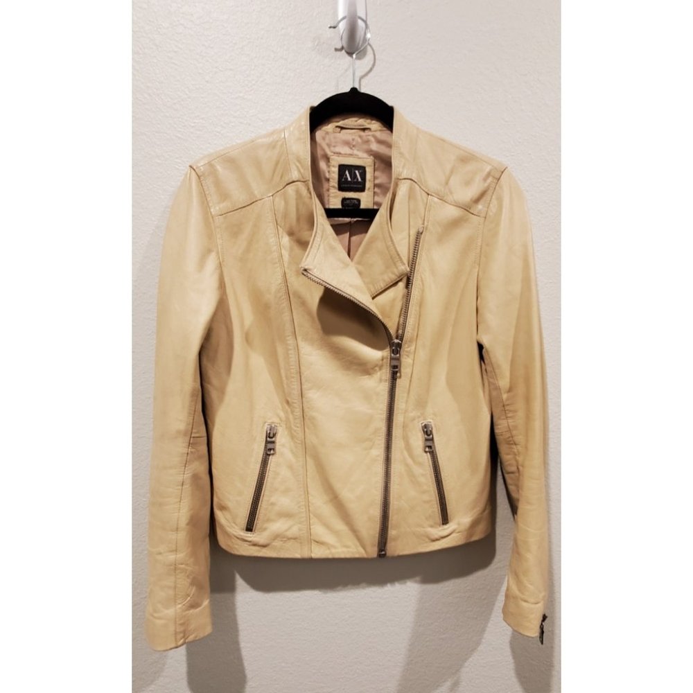 ARMANI EXCHANGE Beige Leather Moto Jacket